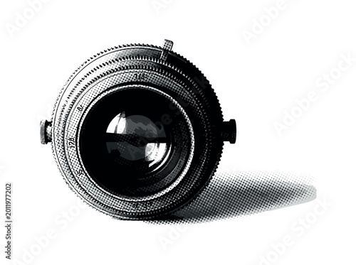 An antique camera lens with detailed engraved focus rings and circular glass structure, compact optical object, black and white halftone illustration, high