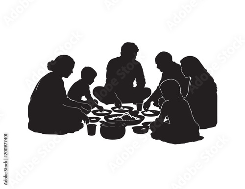 Family mealtime silhouette, traditional communal eating, diverse group sharing food, black vector graphic for cultural and social themes