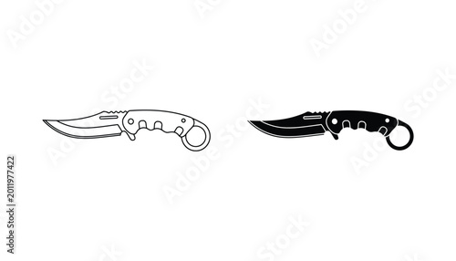 Tactical folding pocket knife icon in outline and solid black silhouette for outdoor gear and survival equipment branding