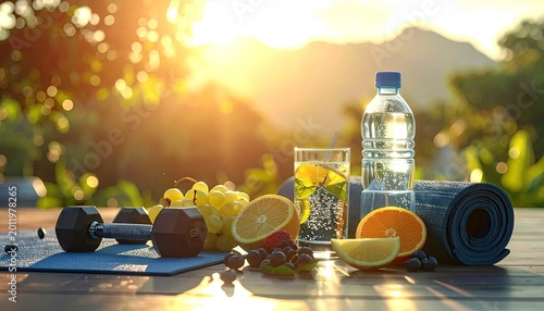 Healthy lifestyle still life with fruits water bottle and fitness equipment