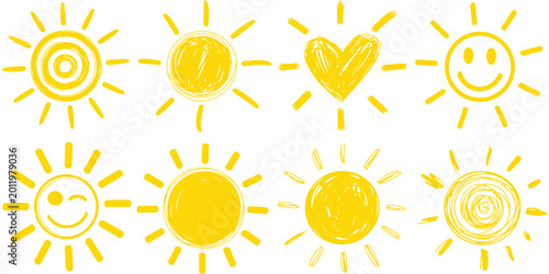 Εκτύπωση καμβά Drawn sun icons hand sketched vector symbols with doodle sunshine elements radia