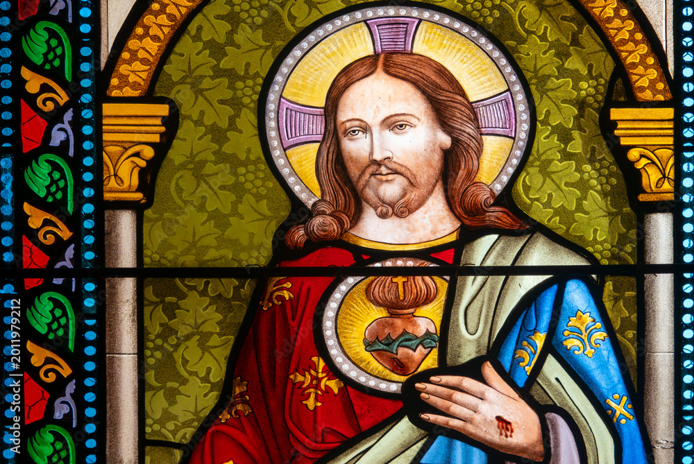 Obraz premium Stained glass (19th century) of Sacred Heart of Jesus Christ.