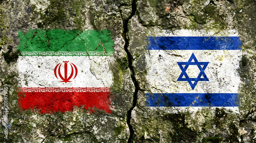 Iran and israel flag painted on cracked background 