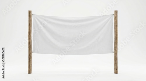 A white fabric banner on two wooden posts isolated on white background