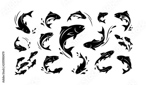 Schilderij op canvas Dynamic fish jumping silhouette collection with flowing aquatic motion shapes is