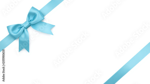 with a white background and a prominent light blue ribbon. The ribbon is positioned diagonally across the top left and bottom right corners, creating a dynamic layout. A large, elegant bow