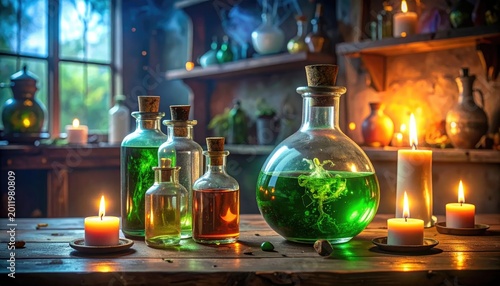 Magical potion bottles and candles on a wooden table in a mystical setting