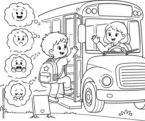 School child boarding bus with different feelings coloring page illustration