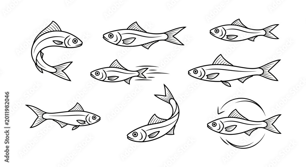 Fototapeta premium Hand-drawn fish collection in various swimming poses