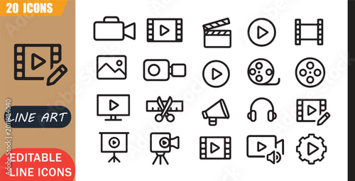 Bilde på lerret Video media icons set, 20 editable line art icons set, film movie clip edit prod