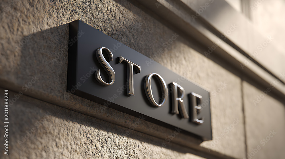 Obraz premium Elegant store sign with raised silver letters on a black plaque, mounted on a textured stone wall, conveying luxury and sophisticated retail presence