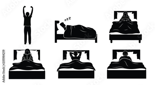 Sleeping people and bed silhouettes depicting various sleep stages and positions black silhouette high quality professional detailed modern elegant stylish clean