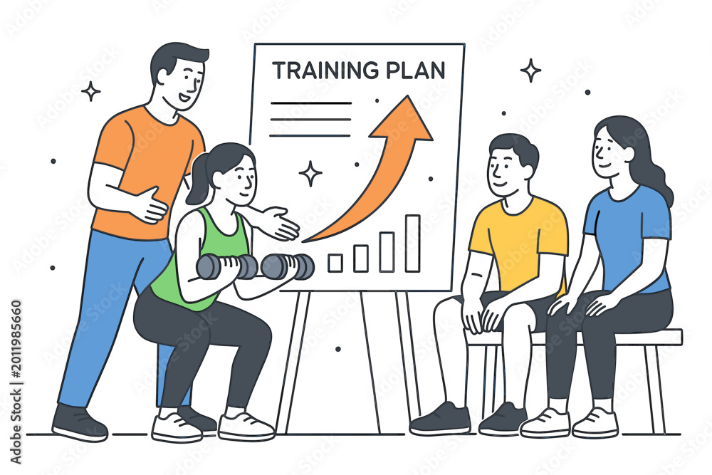 Fototapeta premium Fitness training coaching scenario showing a trainer helping clients