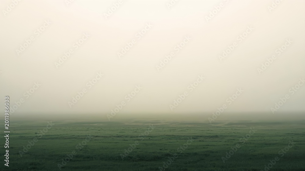 Fototapeta premium An endless green meadow fades into dense white fog under a pale sky, creating a profound sense of stillness. A hauntingly minimal spring 2026 landscape for editorial, wellness and art direction.