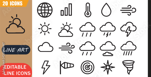 Bild auf Leinwand Isolated weather forecast icons set, 20 editable line art icons set, climate tem