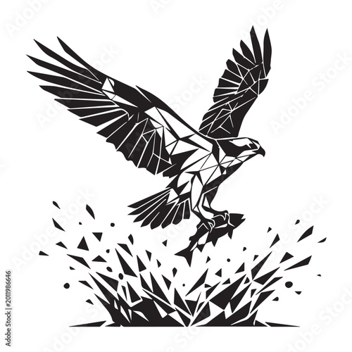 Foto Modern geometric polygonal illustration of an eagle catching a fish using abstract triangular shapes and low poly design