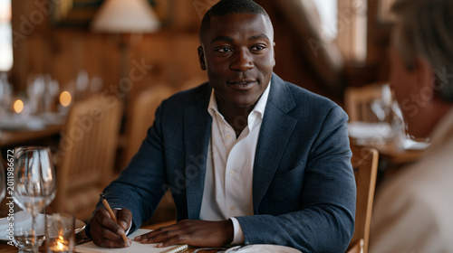 Minority startup founder receiving tough love feedback from a seasoned angel investor in a private club dining room, posture upright, notes being taken in real time, neither defensive nor deflated, 
