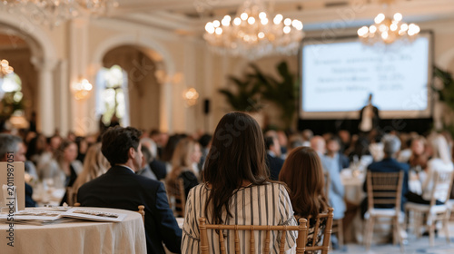 Trafficking awareness fundraising gala inside a luxury interior ballroom, advocates in formal wear speaking to gathered donors beneath crystal chandeliers, event program booklets on draped tables an