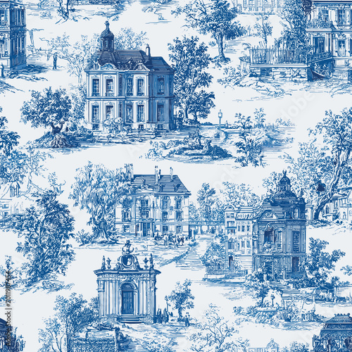 Vector Seamless Pattern 12 Blue Toile de Jouy French Architecture, Vintage Palace Landscape Design. Elegant seamless vector pattern in classic blue toile de Jouy style featuring detailed French archit