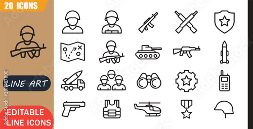 Foto Isolated military army icons set, 20 editable line art icons set, soldier weapon