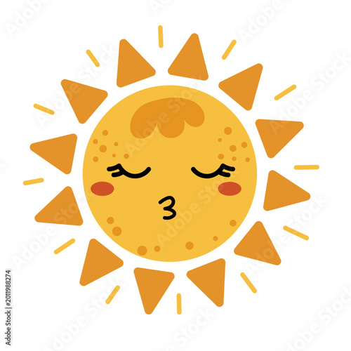 Foto Cute sleepy sun with closed eyes and puckered lips in flat vector style