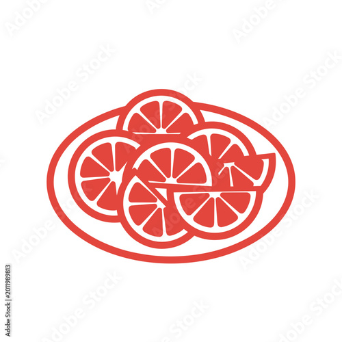 Sliced oranges arranged on a plate in a graphic design style  
