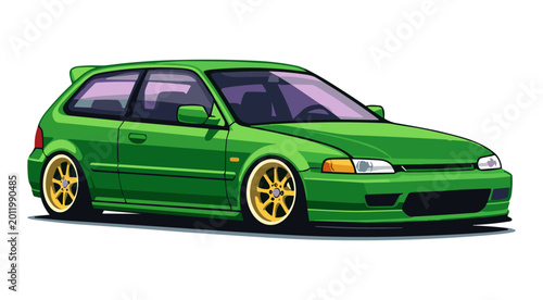 Green sporty hatchback jdm car icon logo flat vector design