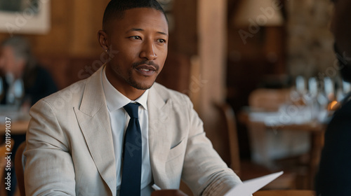 Minority startup founder receiving tough love feedback from a seasoned angel investor in a private club dining room, posture upright, notes being taken in real time, neither defensive nor deflated, 
