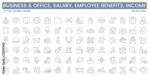Konstfotografi Business and office line icon set with salary, employee benefits, finance, income, HR, productivity, management and workplace symbols for web, app UI and corporate design