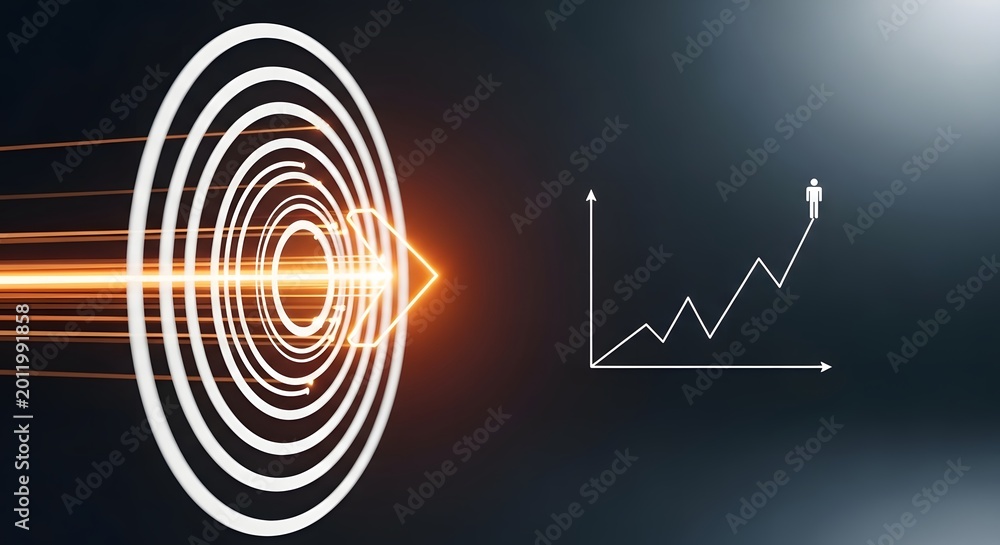 Fototapeta premium Business growth concept with glowing target and line graph on dark background