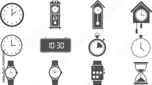 Foto Collection of diverse clock and timekeeping devices