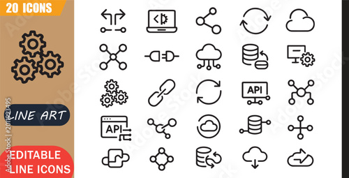 Isolated integration api icons set, 20 editable line art icons set, connect sync data system service link platform cloud, api integration sync tools, minimal clean outline vector