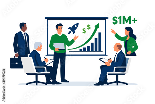 Wide horizontal editorial illustration of a startup funding and investor