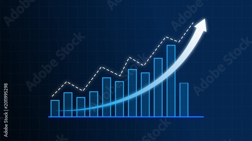 Bar graph animation with dashed line. Bar graph blue upward trend on grid. Bar graph business statistics graphic on black background for performance tracking.