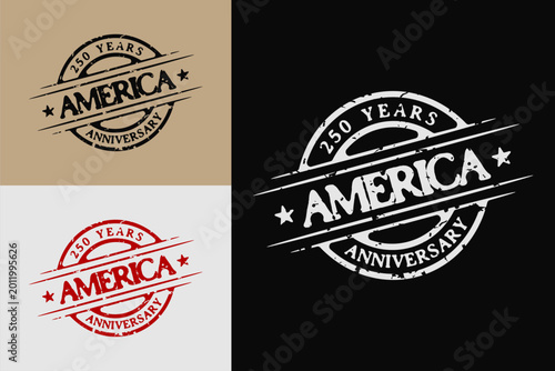 Illustration vector of 250 years America anniversary with vintage circle rounded rubber stamp design with distressed grunge rough textured good for USA independence day celebration design, isolated