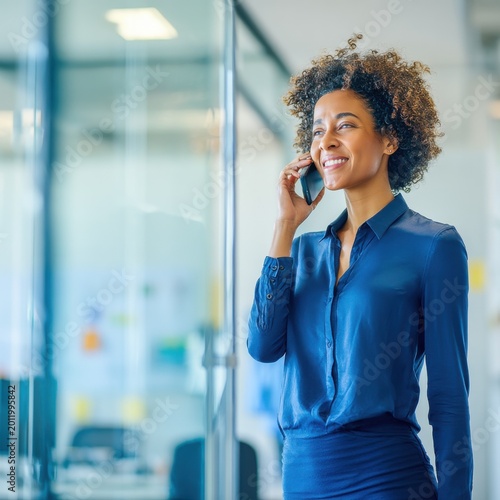 Confident Sales Professional Discussing Business on Phone in Modern Glass Partition Office