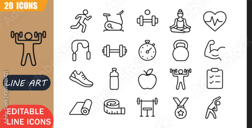 Tableau sur toile Isolated fitness sport icons set, 20 editable line art icons set, gym workout ex