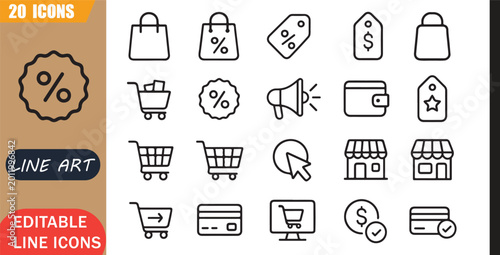 Foto Isolated shopping retail icons set, 20 editable line art icons set, sale discoun