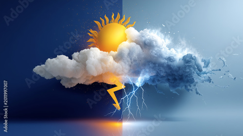 Split cloud artwork showcasing a vibrant sun and contrasting stormy weather