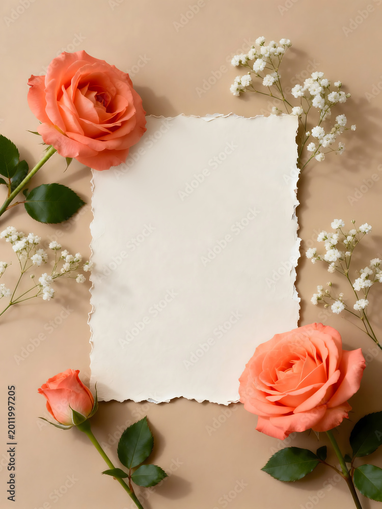 Naklejka premium Elegant corral pink roses and blank paper on beige background