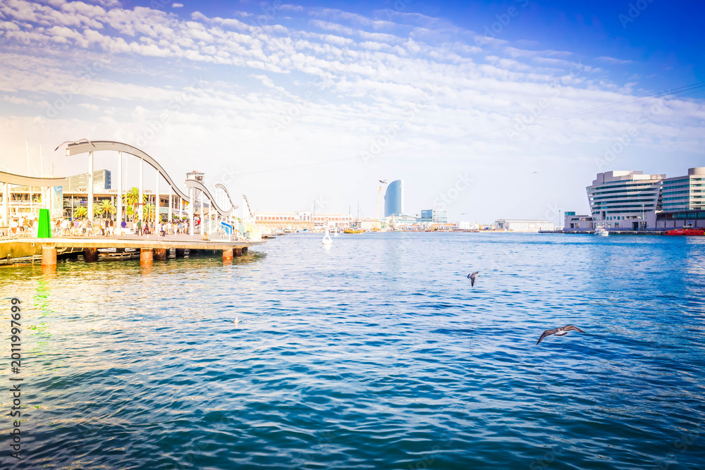 Obraz premium Rambla Maritim and Mideterranean sea, central street of Barcelona, Spain