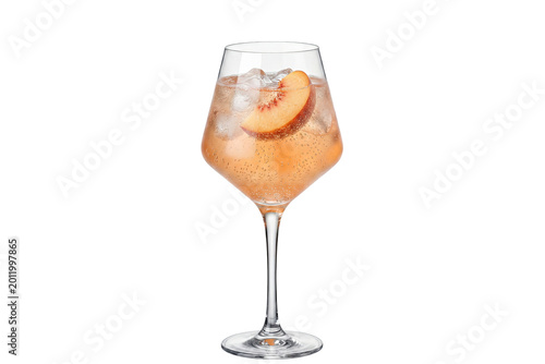 popular classic cocktail including peach spritz with fruit slice and ice in a copa glass on transparent background