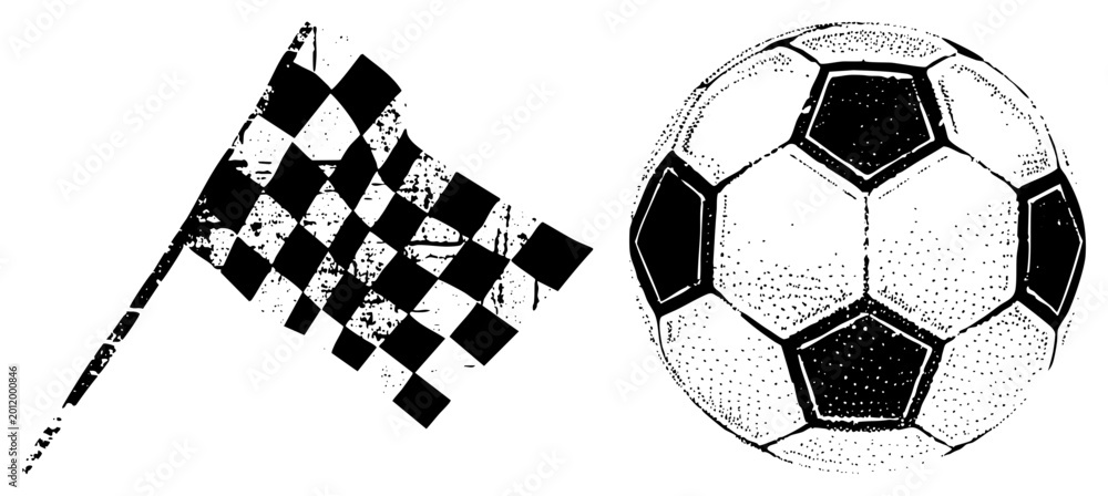Fototapeta premium Gritty checkered flag beside a halftone football evokes nostalgia, whether called soccer, footy, or fútbol. Ideal for retro sports branding.