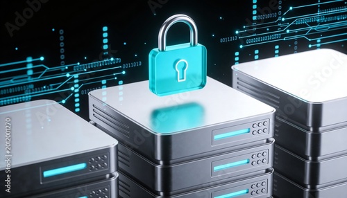 Minimalist 3D render of a polished server stack with a luminous cyan padlock hovering above, floating neon data particle trails, deep black futuristic background, vibrant digital color scheme, no text