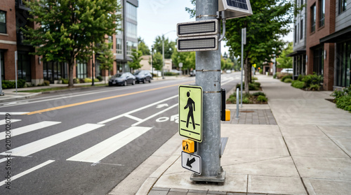 Rectangular rapid-flashing beacon at a mid-block crosswalk on a complete street