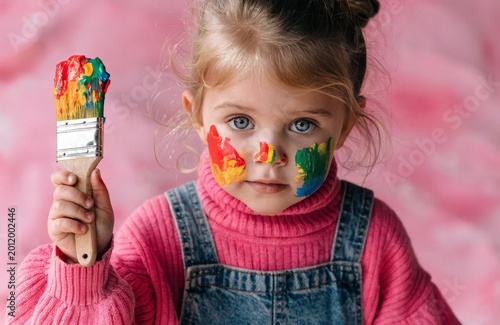 Children's portrait in pink tones: girl with stained cheeks, brush, denim overalls, light