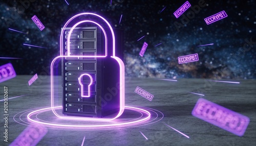 Violet glowing padlock energy field encasing a dark server rack, floating purple encrypted data fragments, minimalist clean 3D render, dark cosmic futuristic backdrop, vivid color scheme, logo-free