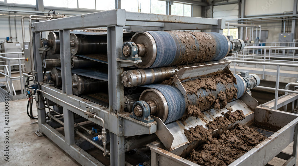 Fototapeta premium Belt filter press dewatering sludge into a brown cake at the discharge end