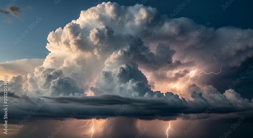 Naklejka premium Dramatic Thunderstorm Cloud Illuminated by Lightning Over Dark Horizon
