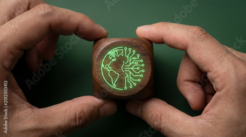 A wooden cube with an AI brain overlaying a globe icon held by hand on a deep forest-green background, symbolizing AI-driven climate intelligence.